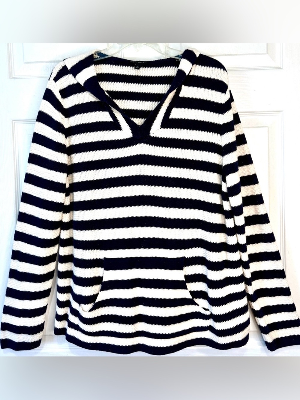 TALBOTS Navy Blue Striped Hoodie Sweater Kangaroo Pocket Nautical Preppy XL - Picture 1 of 6